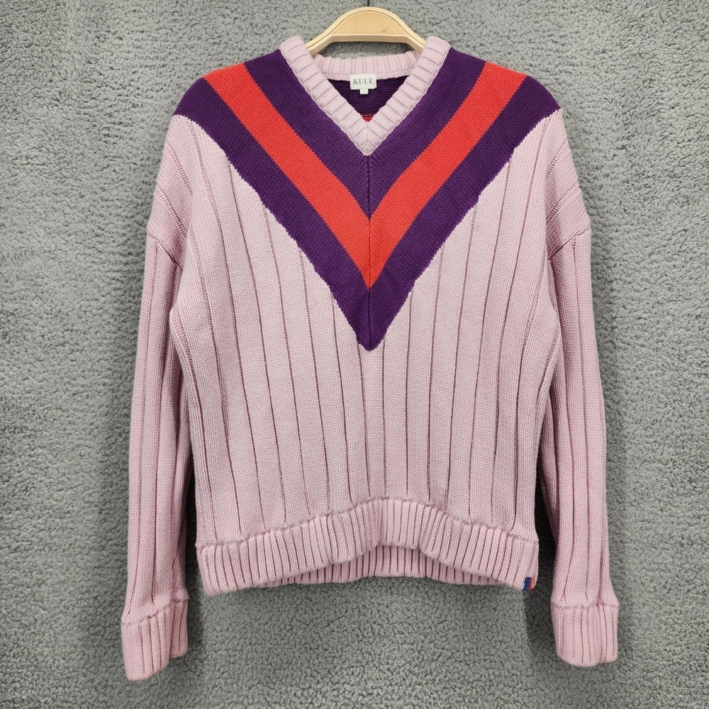 Kule Womens Pink Ribbed V-Neck Sweater Cotton Cashmere Silk Chevron Stripe Small